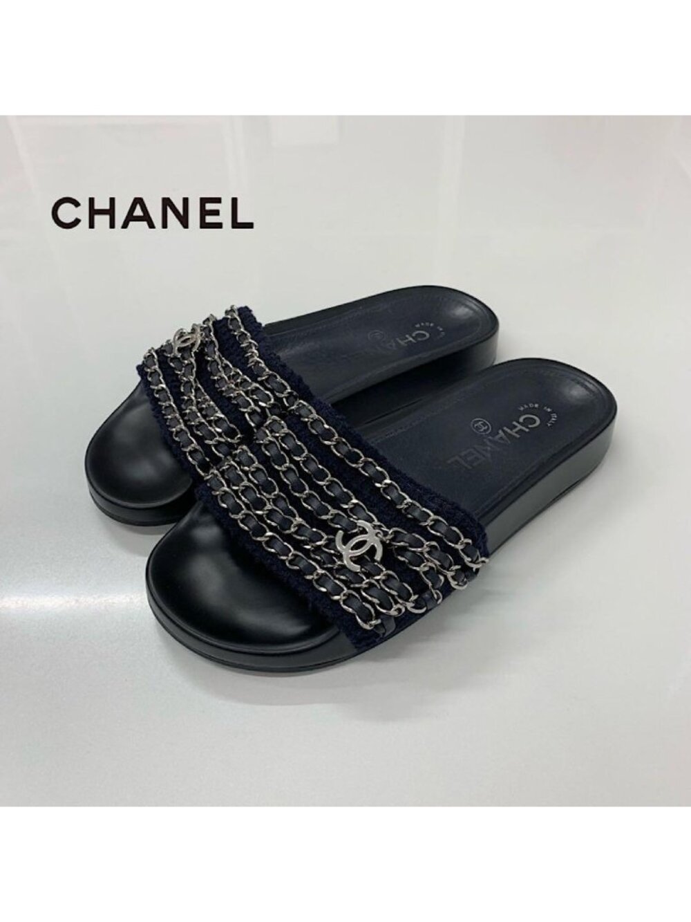 Chanel CC Logo Chain Fabric Leather Flat Sandals Navy